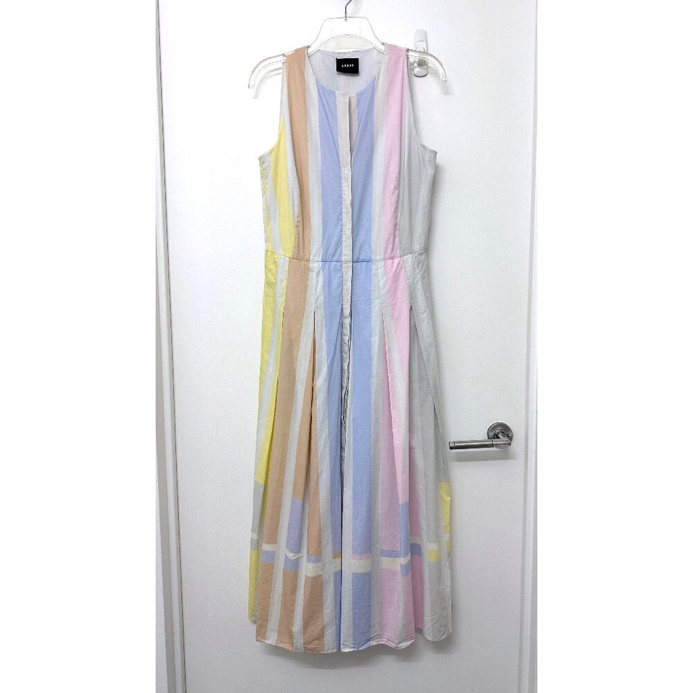 Akris Pastel Stripe Bars Print Shirt Dress Midi Pleated Colorblock Variazioni 8 - Picture 2 of 15